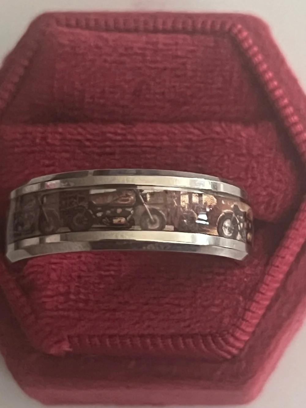 Luxury Collection Titanium Steel Silver/Motorcycle Detail Inlay 6mm Band Size 13